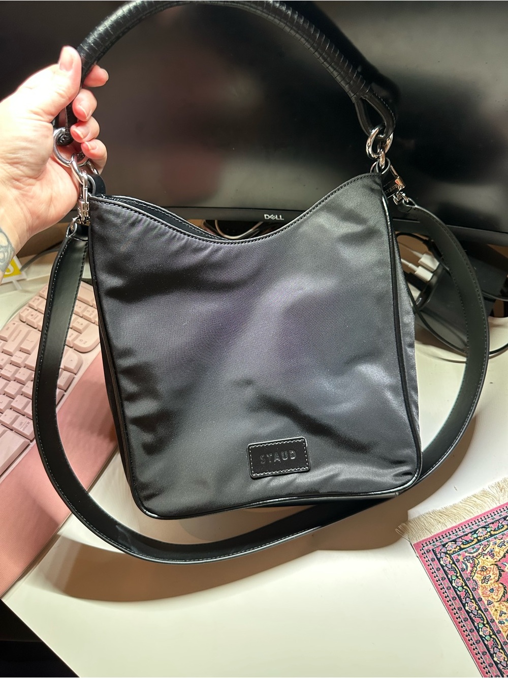 STAUD Black Nylon Shoulder Bag with Top Handle and Detachable Strap